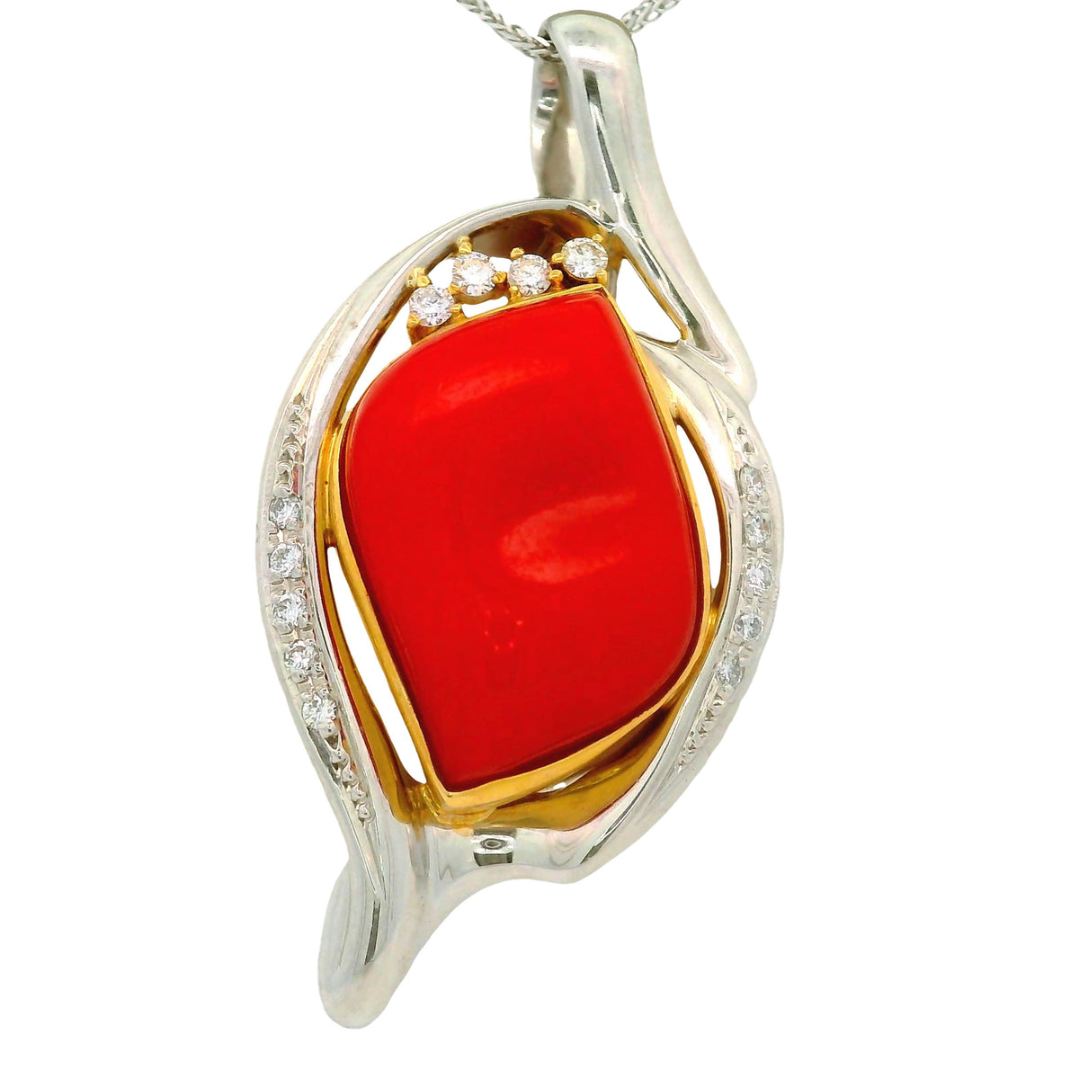 10.12 Carat Ox-Blood Red Coral Diamond Platinum 18K Yellow Gold Pendant Necklace