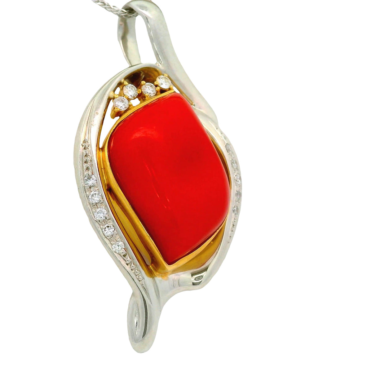 10.12 Carat Ox-Blood Red Coral Diamond Platinum 18K Yellow Gold Pendant Necklace