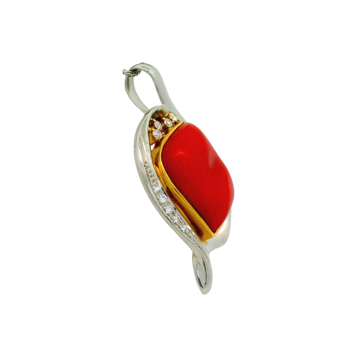 10.12 Carat Ox-Blood Red Coral Diamond Platinum 18K Yellow Gold Pendant Necklace