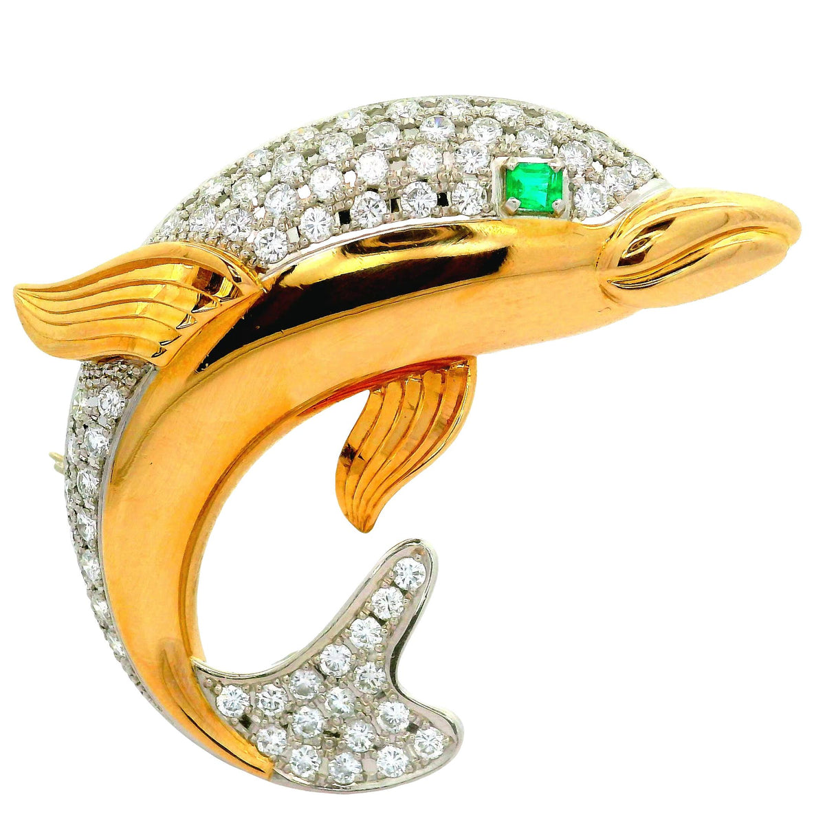 Diamond Emerald Platinum 18K Yellow Gold Dolphin Brooch