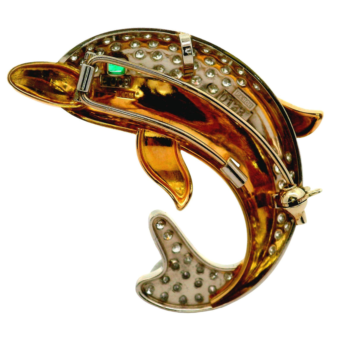 Diamond Emerald Platinum 18K Yellow Gold Dolphin Brooch