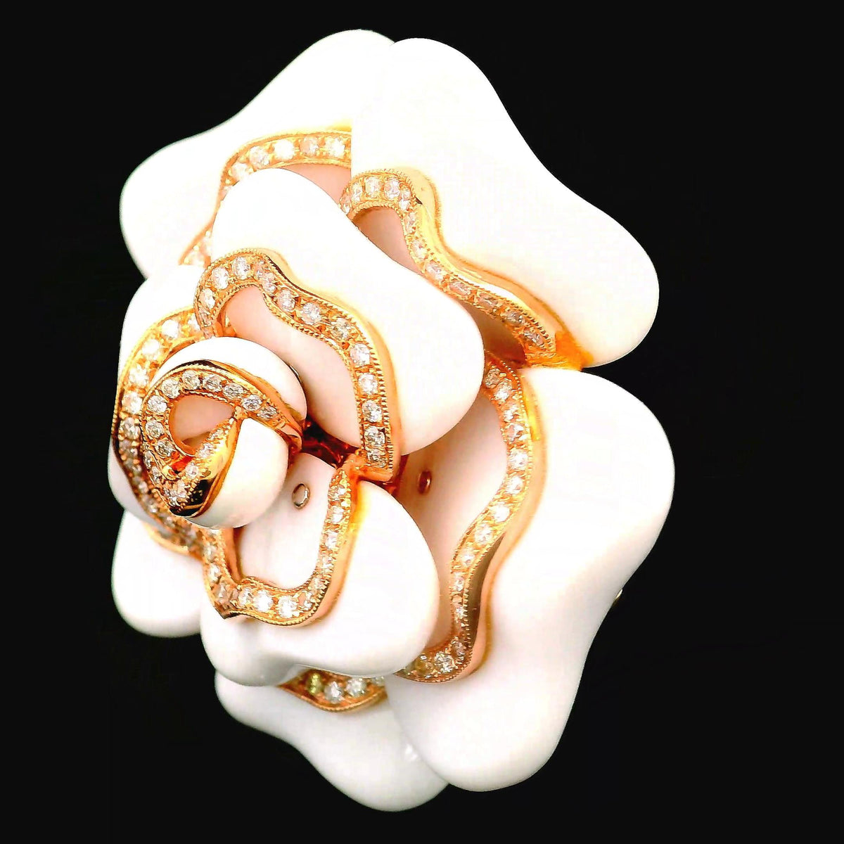 White Onyx Diamond 18K Rose Gold Floral Brooch