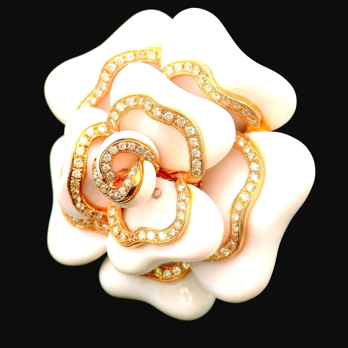 White Onyx Diamond 18K Rose Gold Floral Brooch
