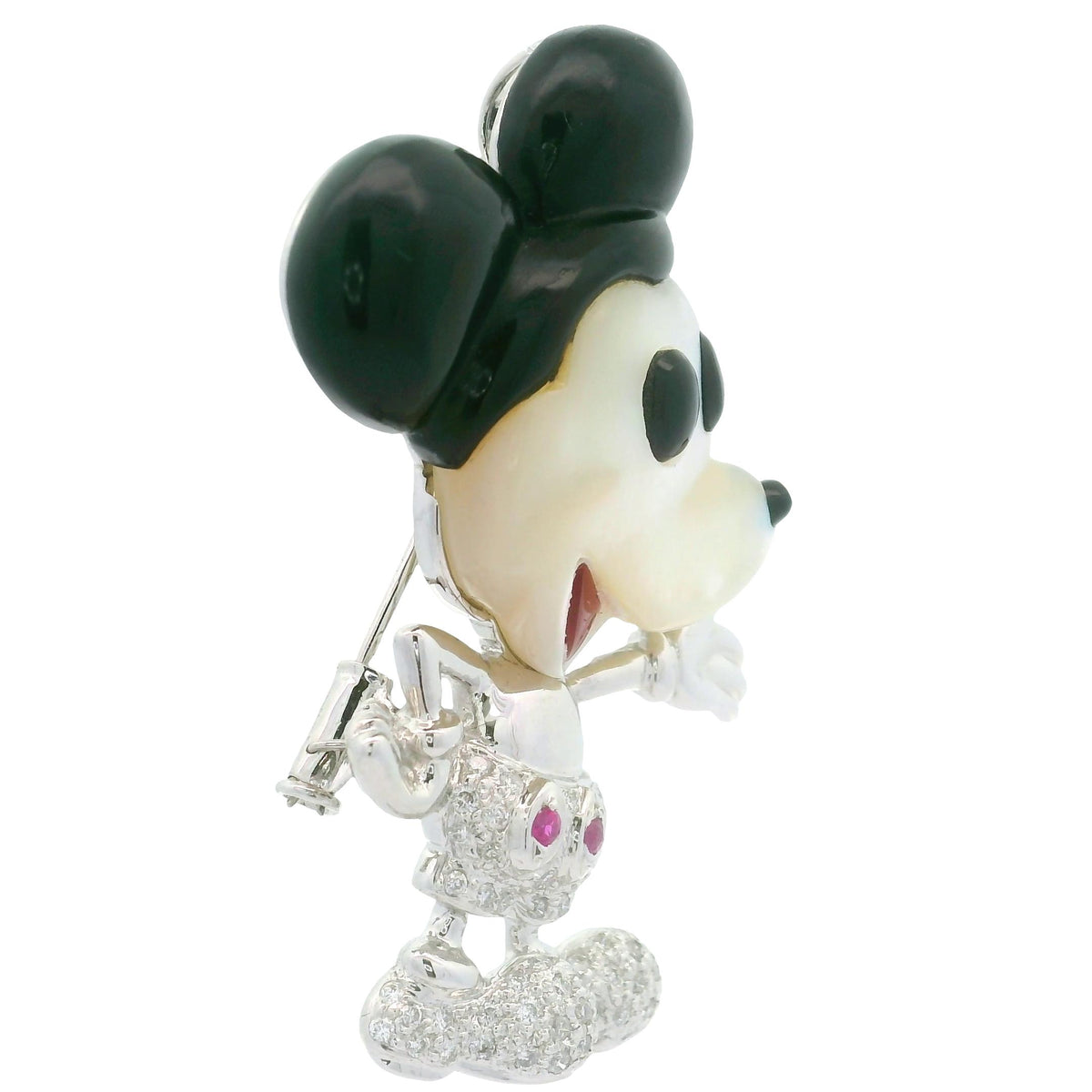 Diamond Black Onyx Mother of Pearls Pink Sapphire 18K White Gold Mouse Brooch