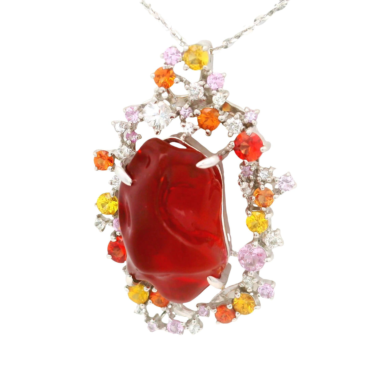 9.54 Carat Mexican Fire Opal Multi-Colored Sapphires 14K Gold Pendant Necklace
