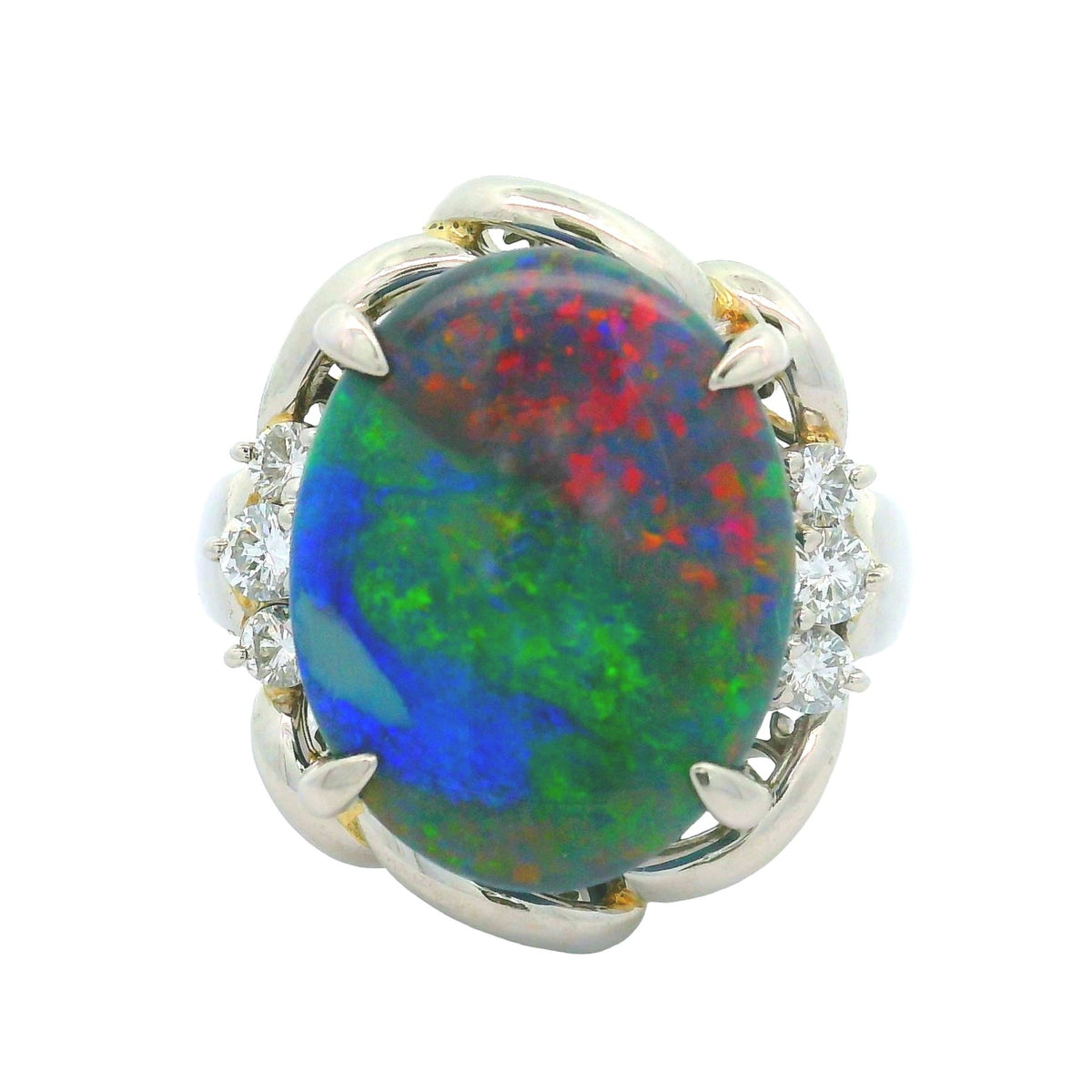 Estate 8.69 Carat Australian Black Opal Diamond Platinum Ring