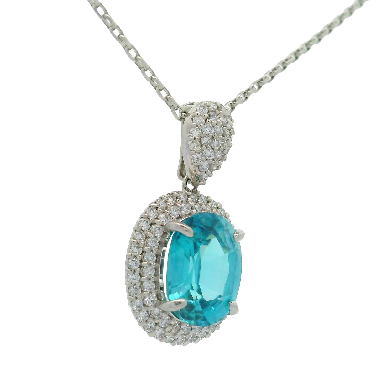 6.72 Carat Blue Zircon Diamond Double Halo Platinum Pendant Necklace