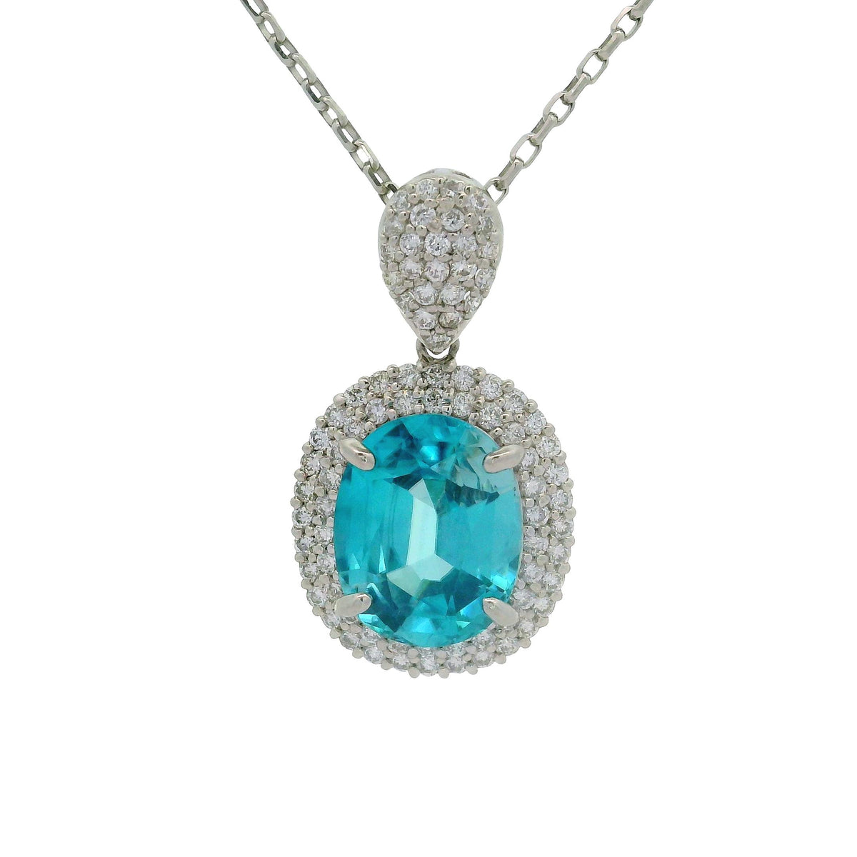 6.72 Carat Blue Zircon Diamond Double Halo Platinum Pendant Necklace