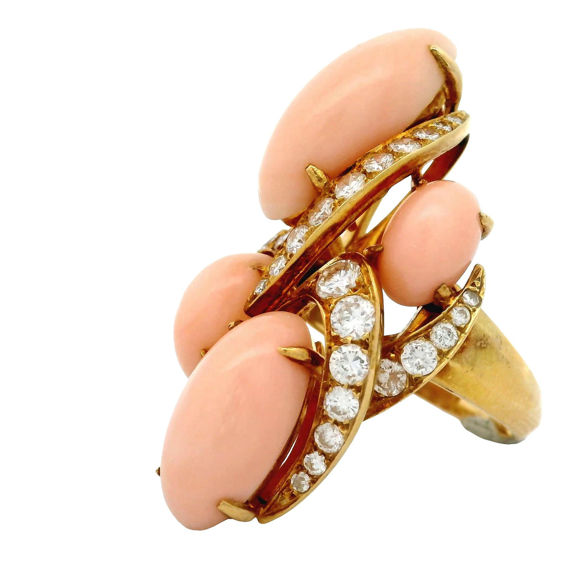 Vintage French Angel Skin Coral Diamond 18K Yellow Gold Cocktail Ring