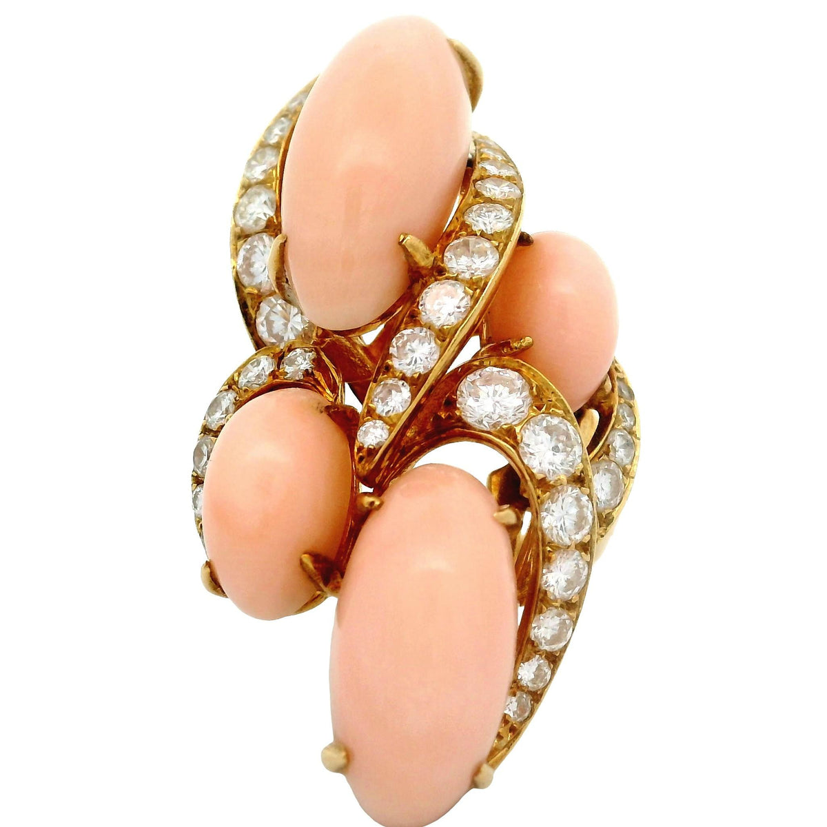 Vintage French Angel Skin Coral Diamond 18K Yellow Gold Cocktail Ring