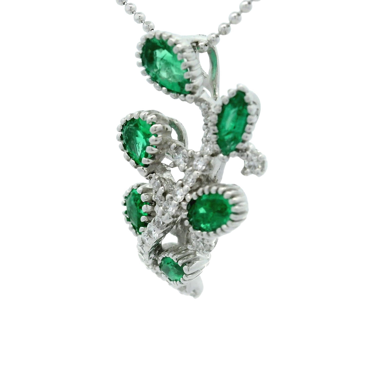 Estate Emerald Diamond 18K White Gold Vine Pendant