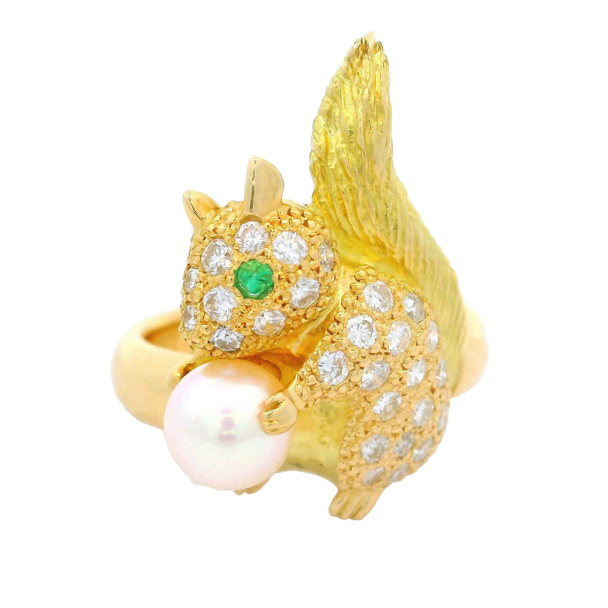Akoya Pearl Diamond Emerald 18K Yellow Gold Squirrel Ring