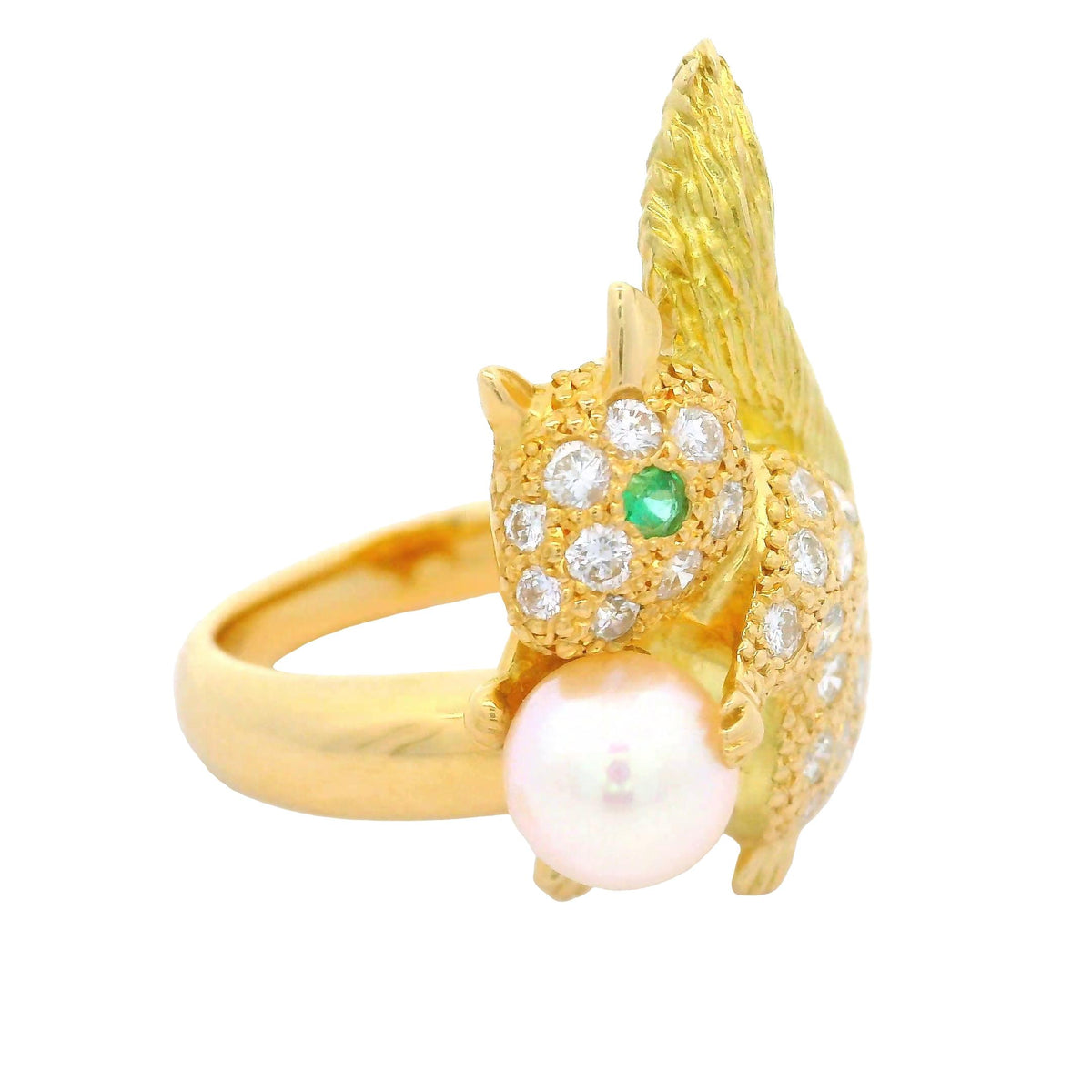 Akoya Pearl Diamond Emerald 18K Yellow Gold Squirrel Ring