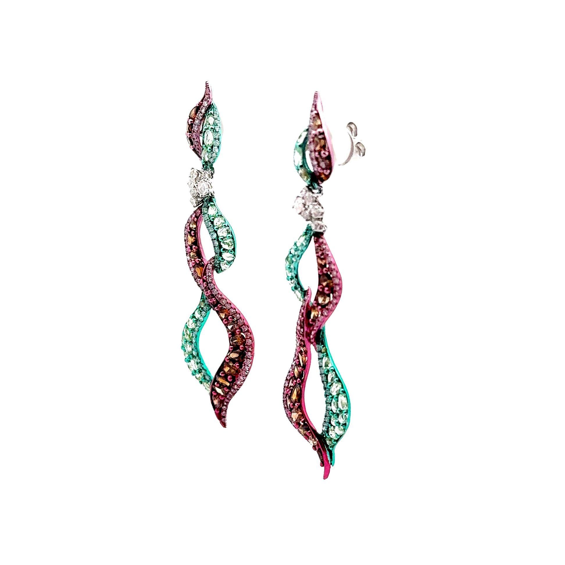 18k Gold Green & Pink Rhodium Diamond Dangle Earrings
