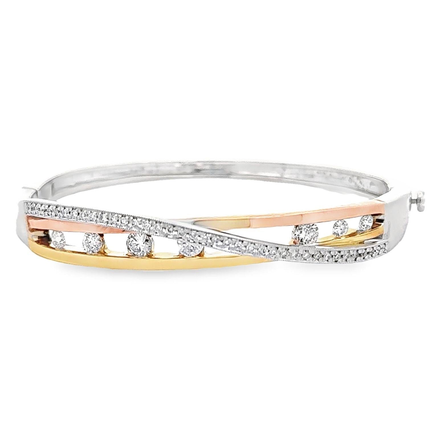 Crossing Diamond Channel Set 14k Multi-Color Gold Bangle Bracelet