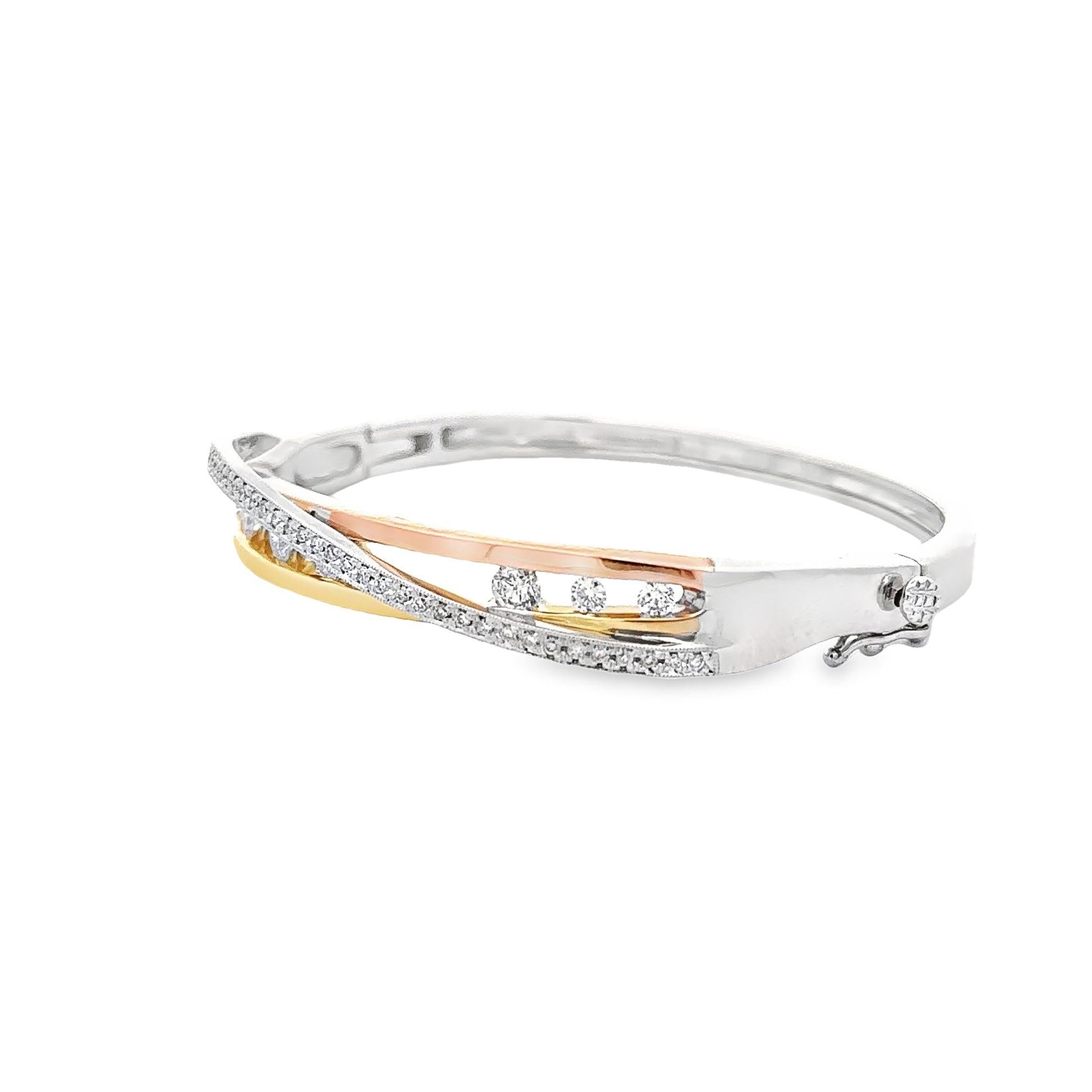 Crossing Diamond Channel Set 14k Multi-Color Gold Bangle Bracelet