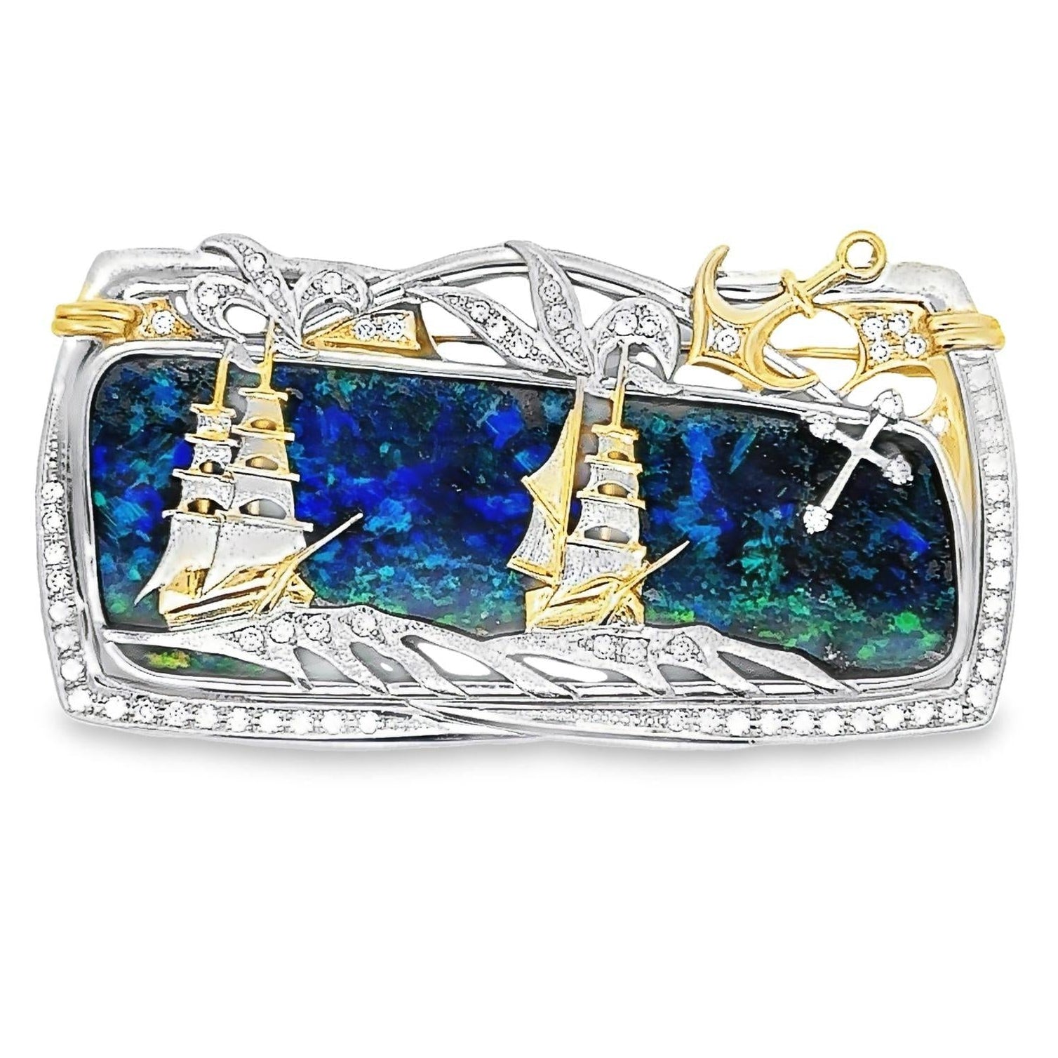 72.25 Carat Australian Boulder Opal Platinum & 18k Yellow Gold Ship-at-Sea Brooc