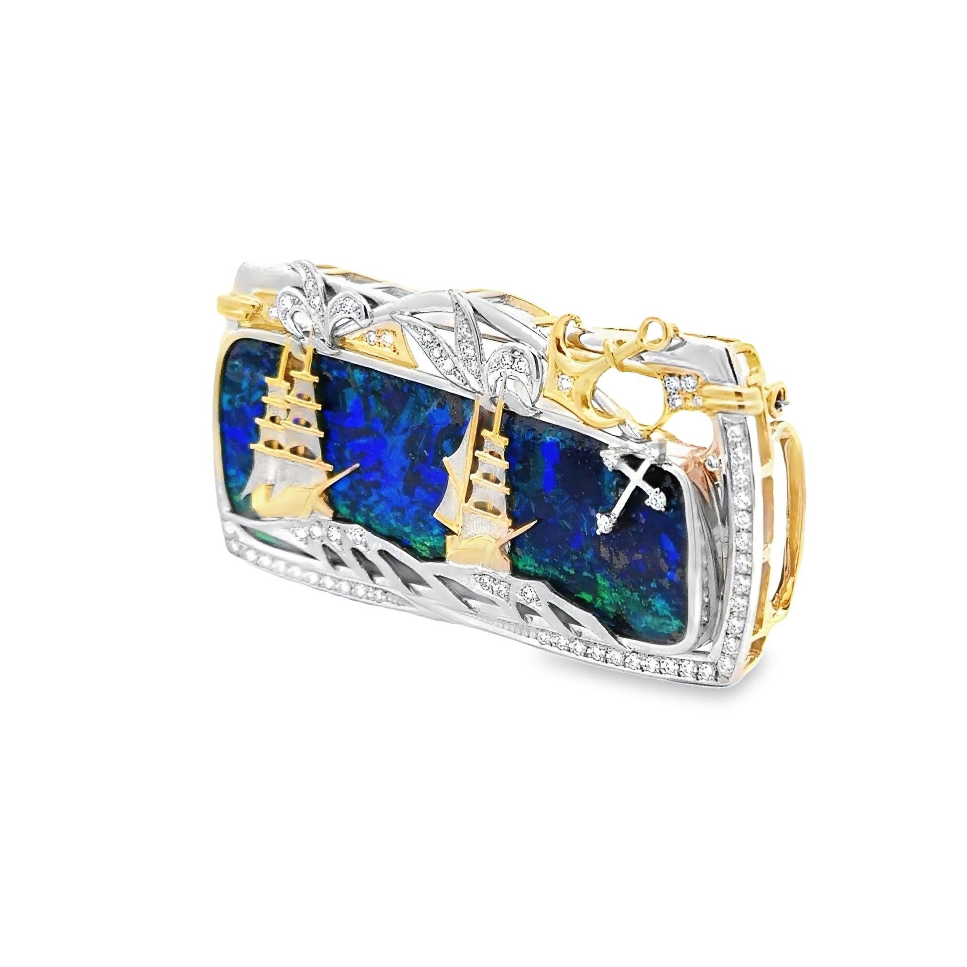 72.25 Carat Australian Boulder Opal Platinum & 18k Yellow Gold Ship-at-Sea Brooc