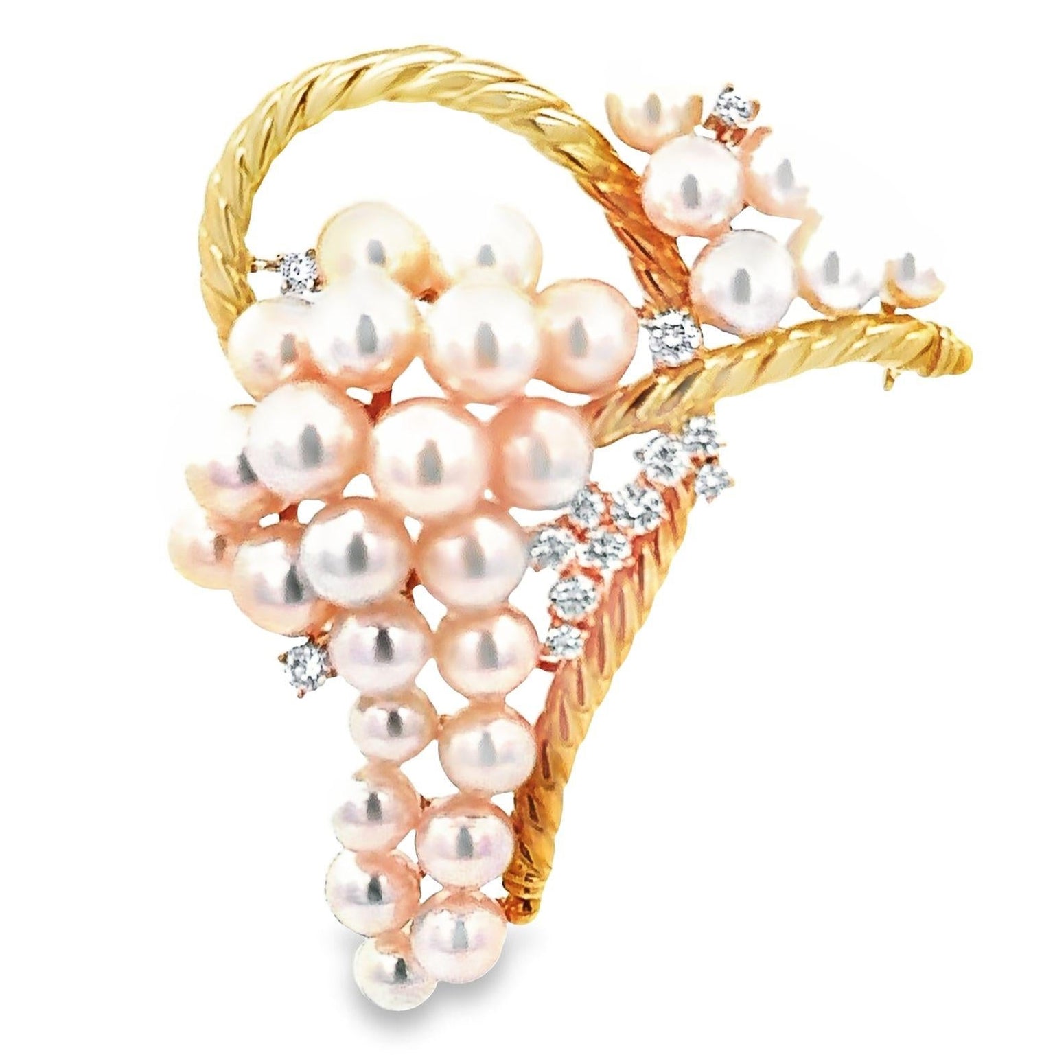 Akoya Pearl Diamond Yellow Gold Ribbon Brooch