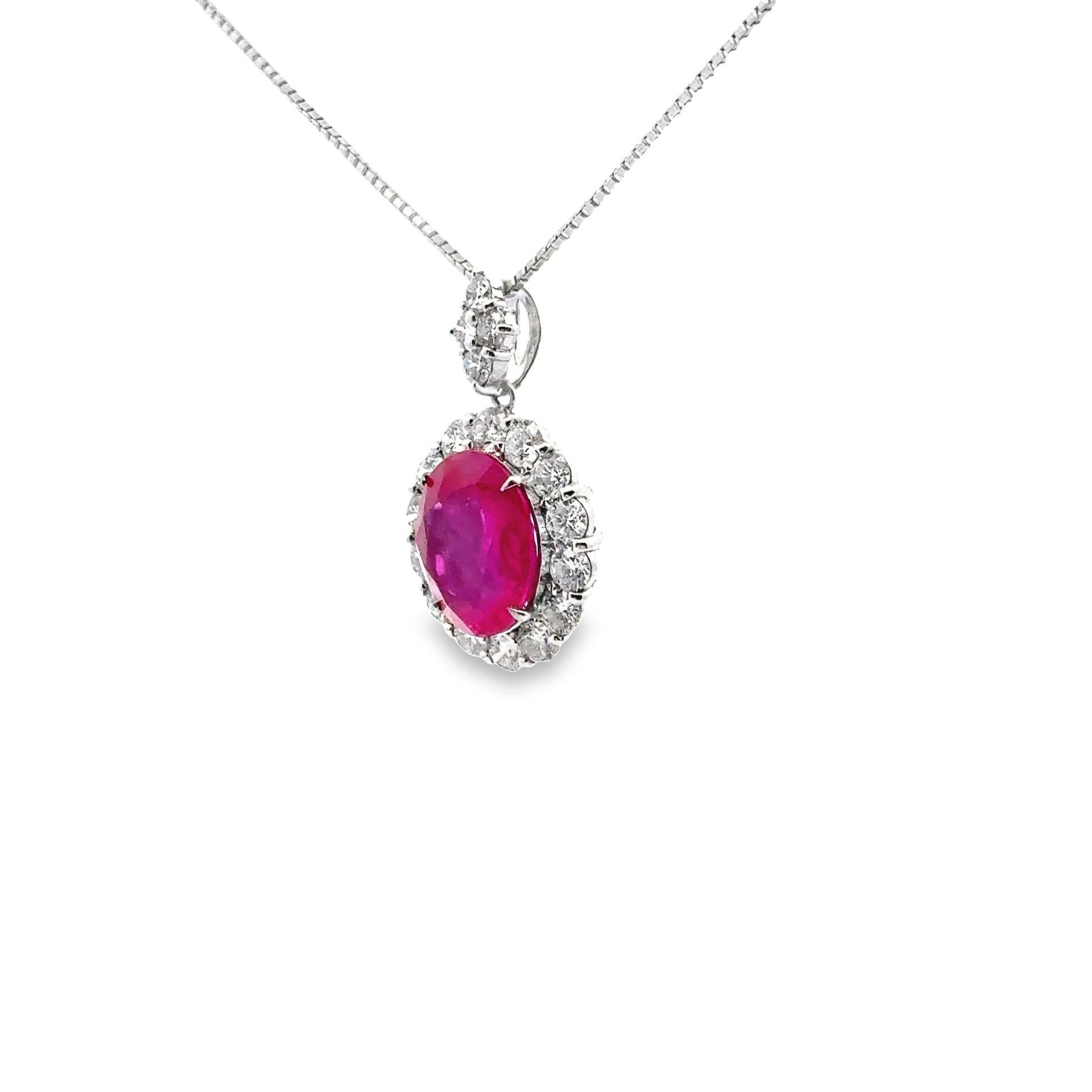 7.01 Carat Burmese Ruby Diamond Halo Platinum Pendant Necklace, GRS Certified