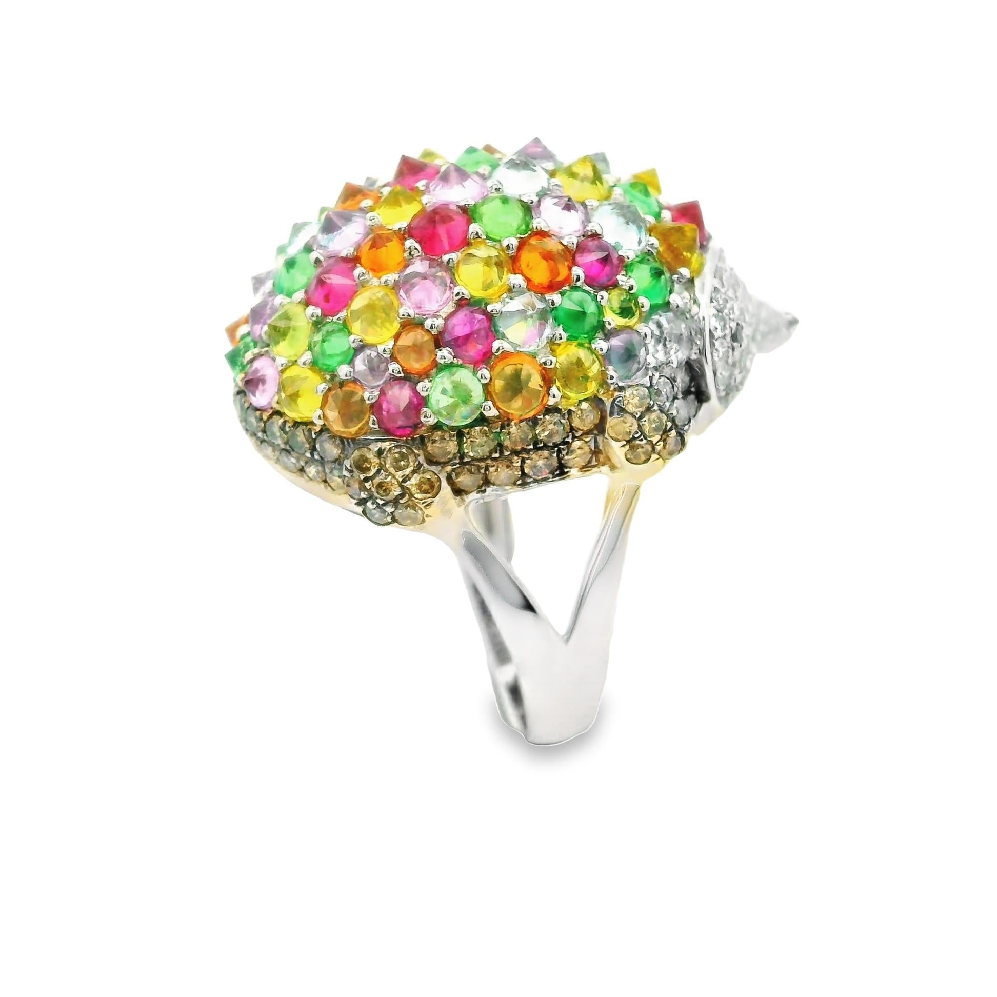 Multi-Color Gemstone Diamond 18K White Gold Hedgehog Ring