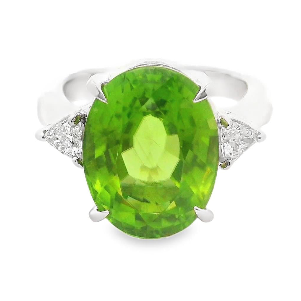 9.61 Carat Peridot Diamond 3-Stone Platinum Ring
