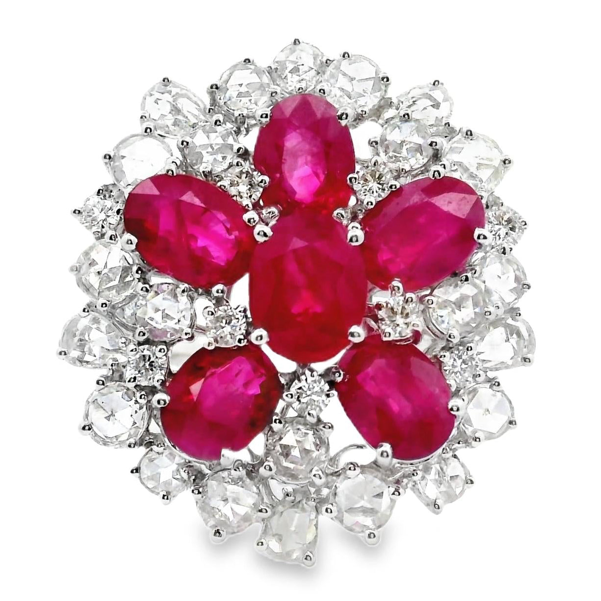 Ruby Diamond Cluster 18k White Gold Sunburst Ring