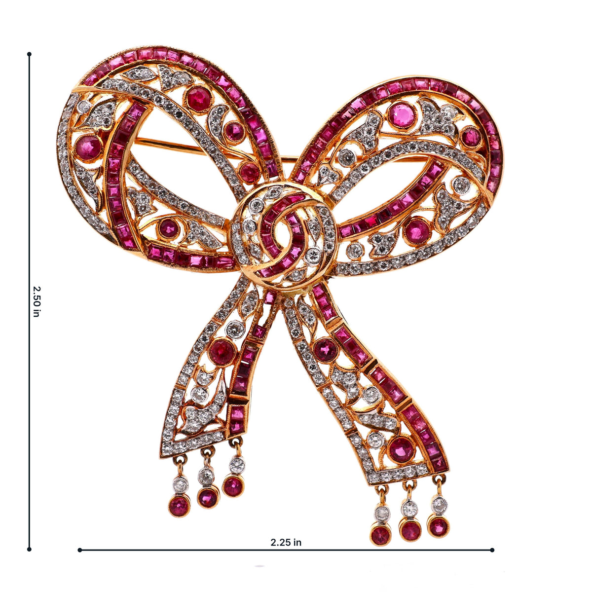 Estate Ruby Diamond 18K Yellow Gold Bow Brooch