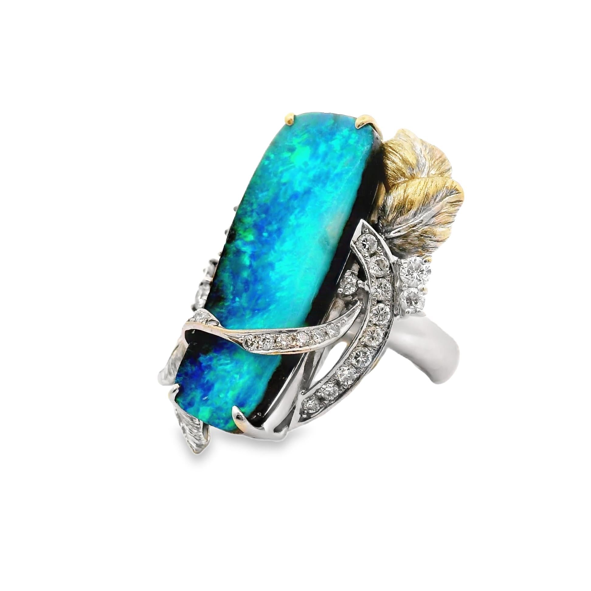 16.39 Carat Australian Boulder Opal Diamond Platinum Floral Cocktail Ring