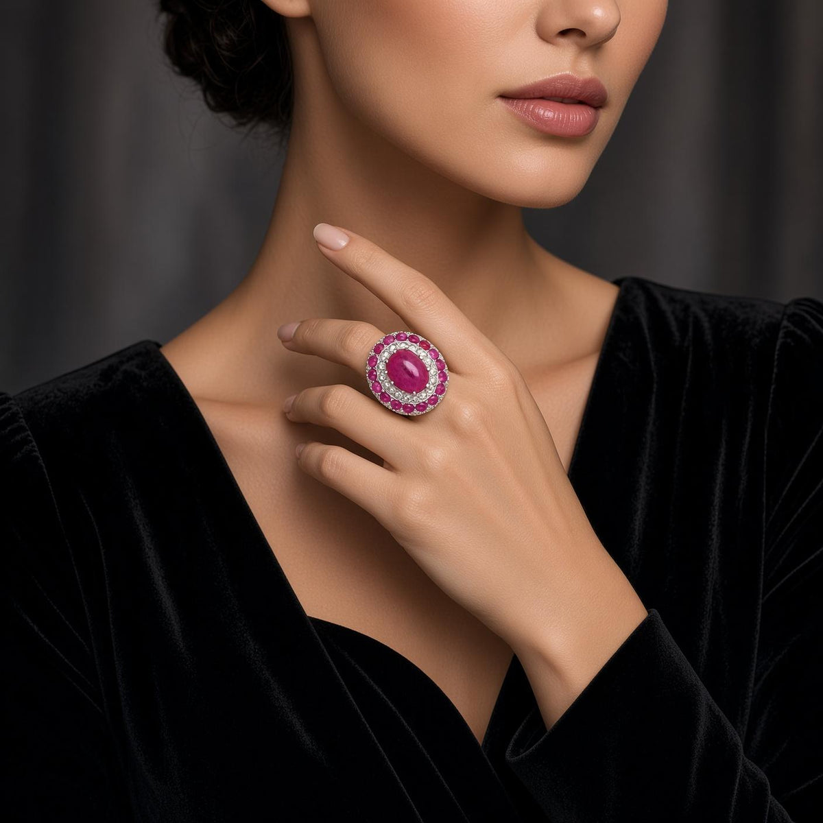 Antique-Style Ruby Diamond 18K White Gold Double Halo Cocktail Ring