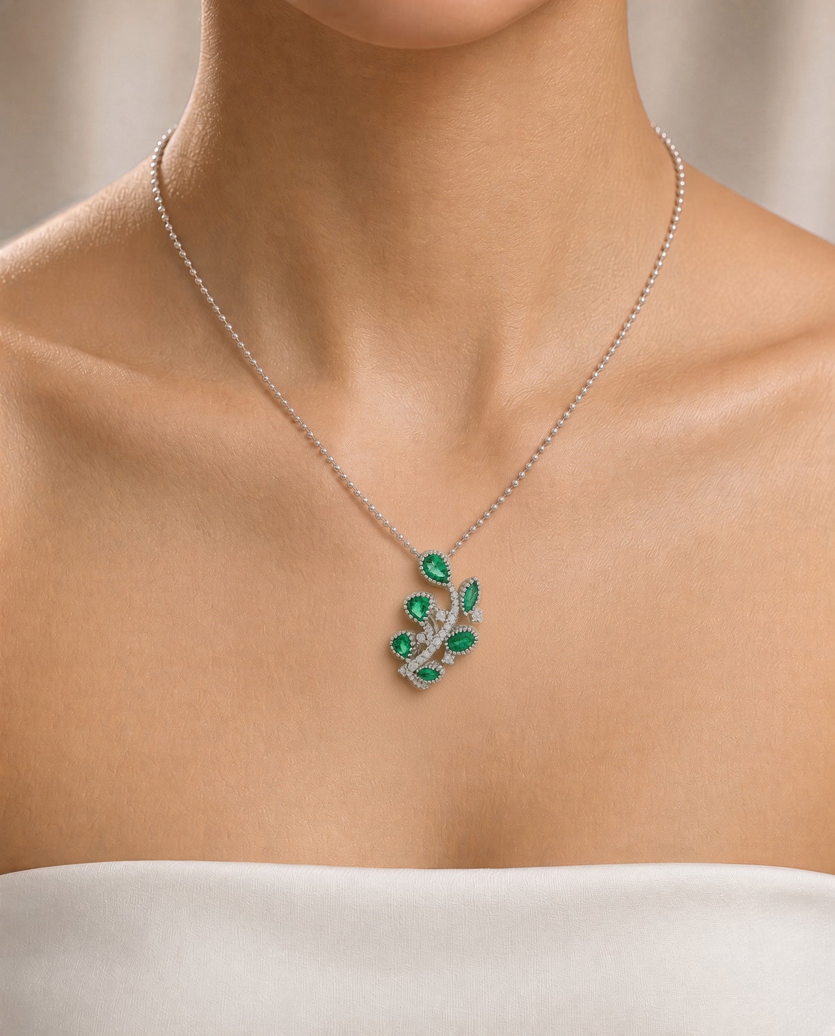 Estate Emerald Diamond 18K White Gold Vine Pendant