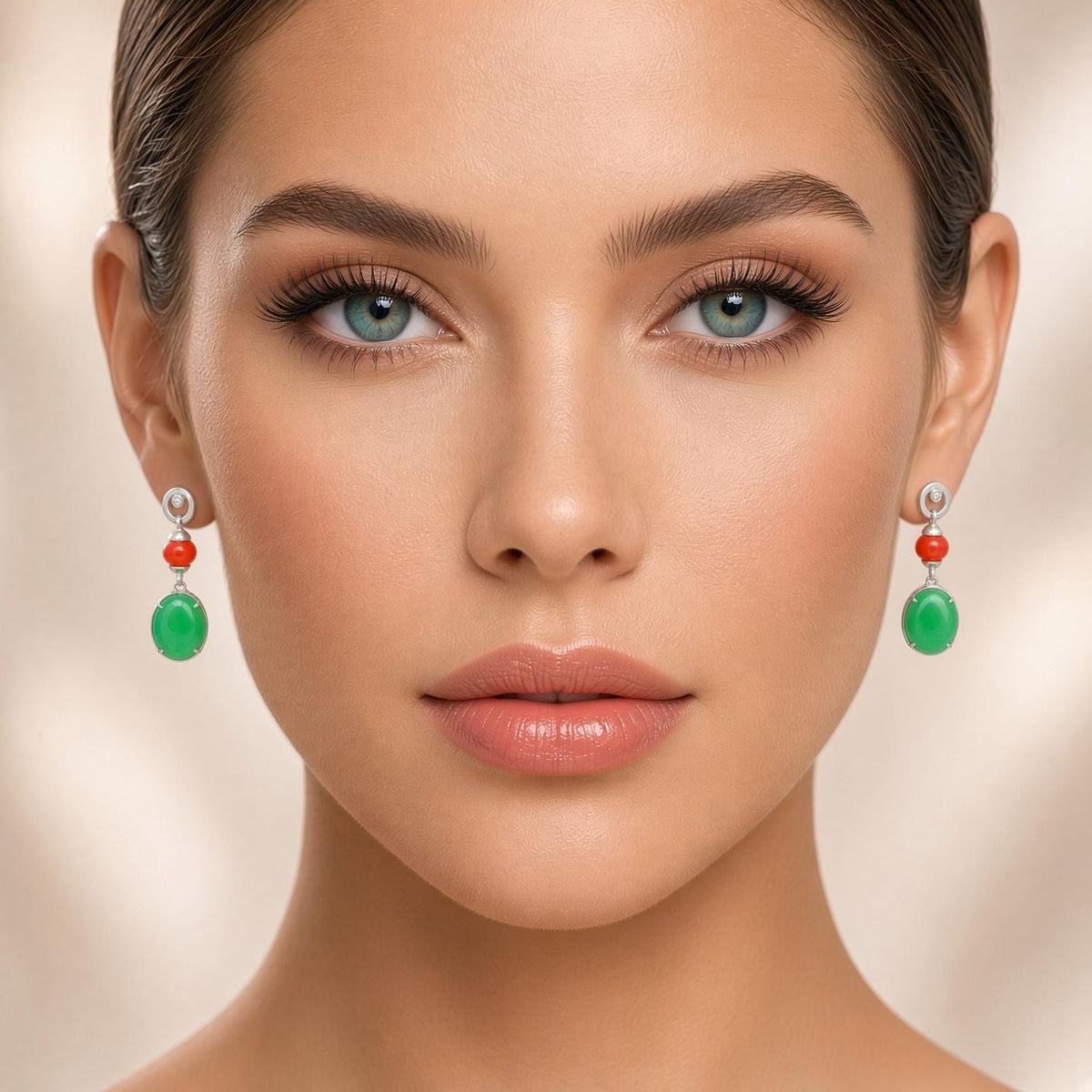 Green Purple & Orange Jadeite Jade Diamond 18K White Gold Drop Earrings