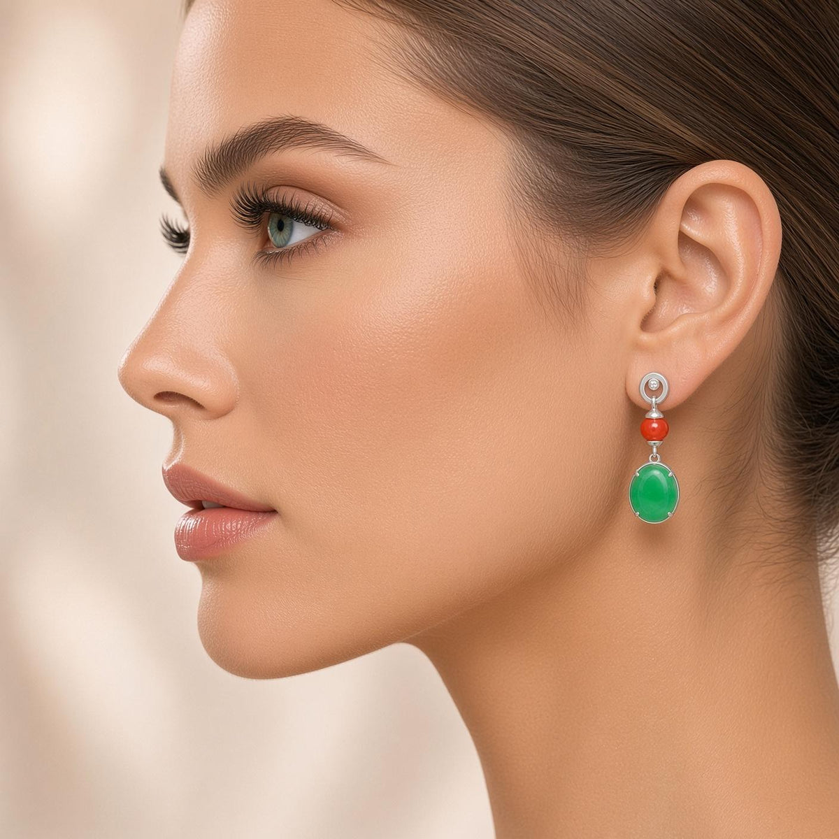 Green Purple & Orange Jadeite Jade Diamond 18K White Gold Drop Earrings
