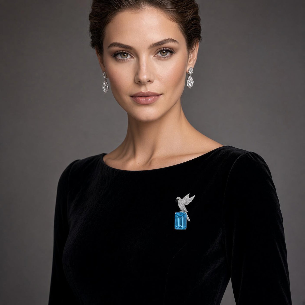 77.38 Carat Blue Topaz Diamond 18K White Gold Bird-on-Rock Brooch