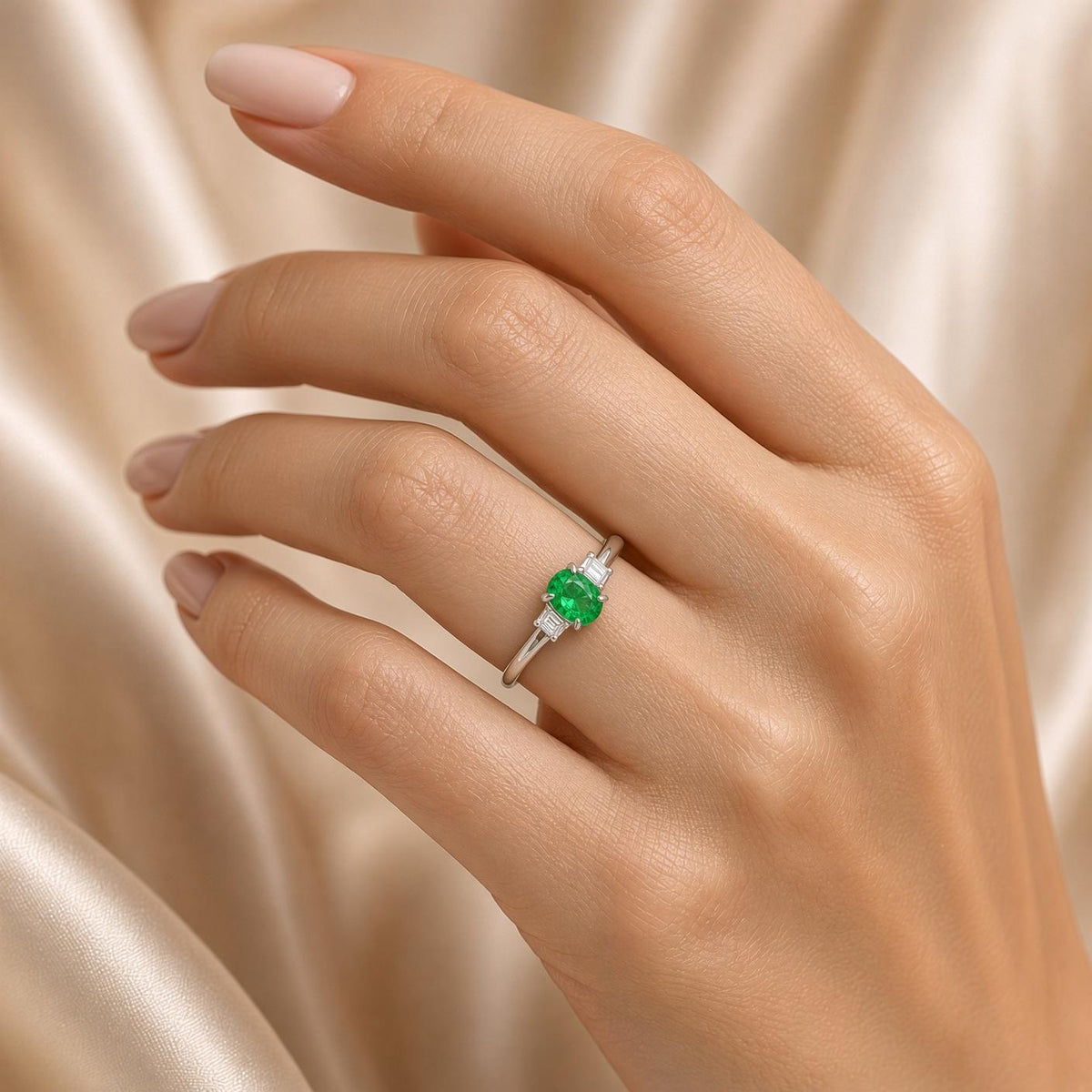 Tsavorite Garnet Diamond Platinum Three-Stone Ring