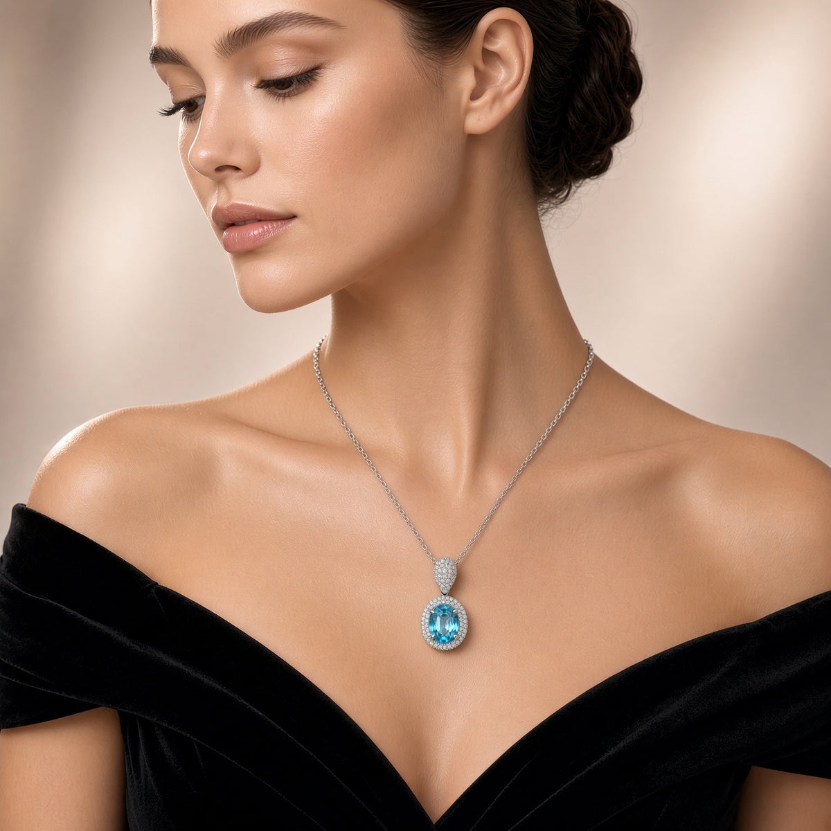 6.72 Carat Blue Zircon Diamond Double Halo Platinum Pendant Necklace