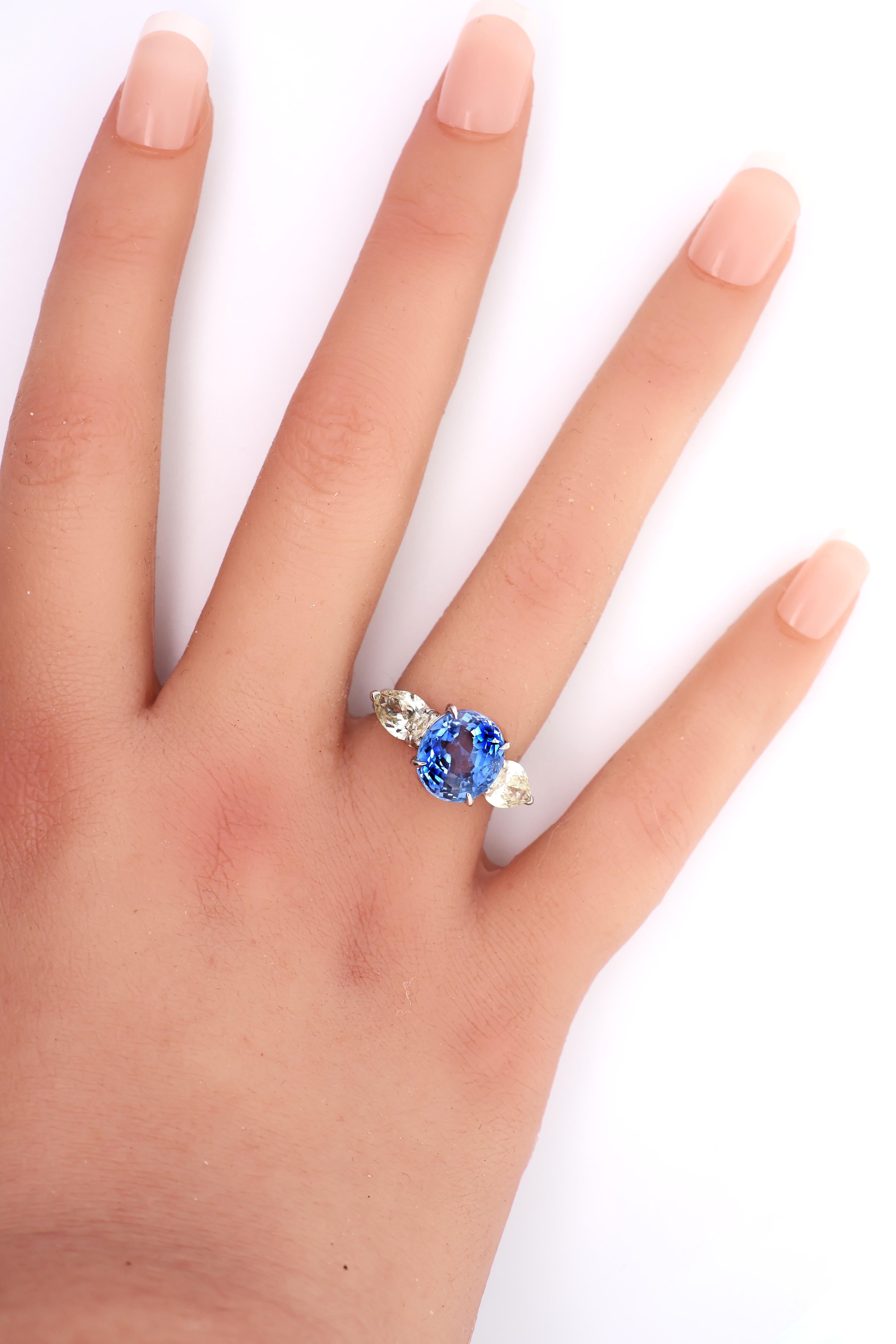 5.81 Carat No-Heat Blue Ceylon Sapphire Diamond Platinum Three-Stone Ring, GIA