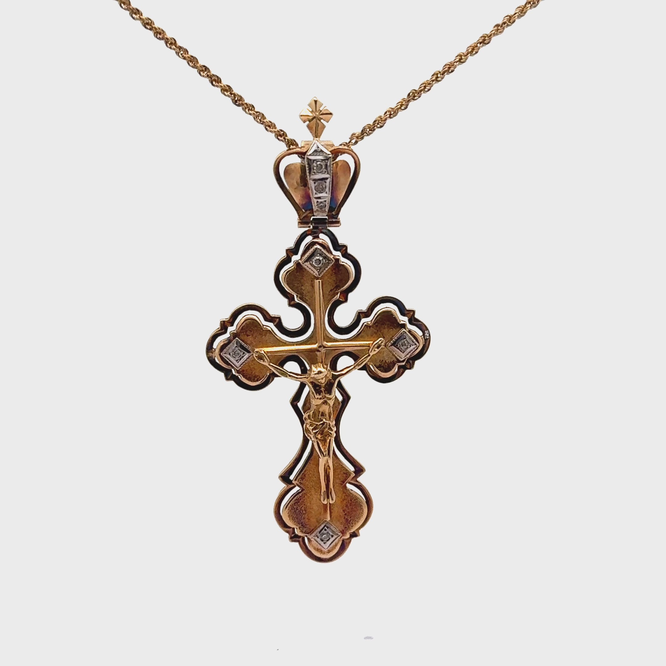 Russian 14k Yellow Gold Diamond Jesus-on-Cross Pendant Necklace, Circa 1950’s