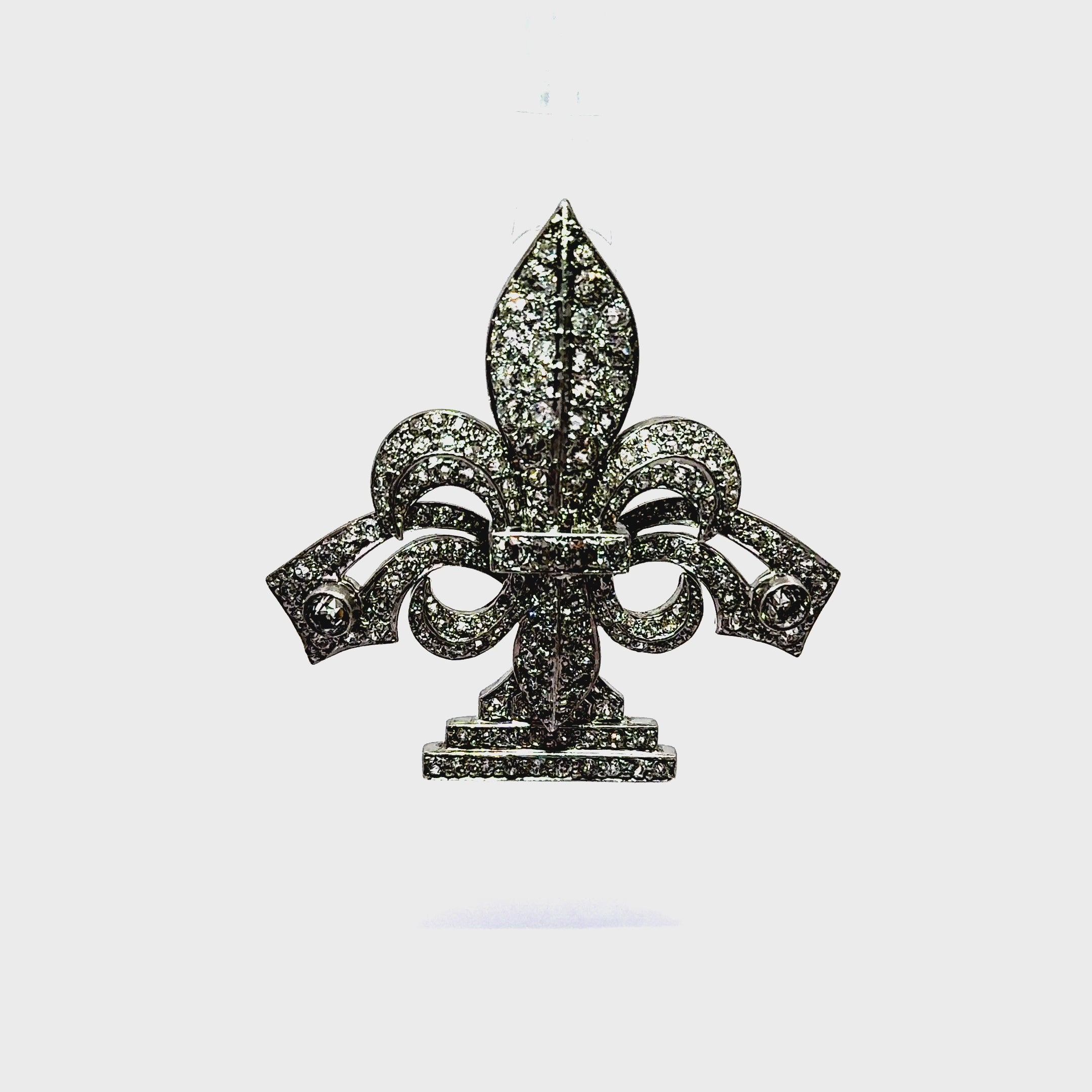 Antique Diamond 14k Gold Silver-Topped Fleur De Lis Brooch
