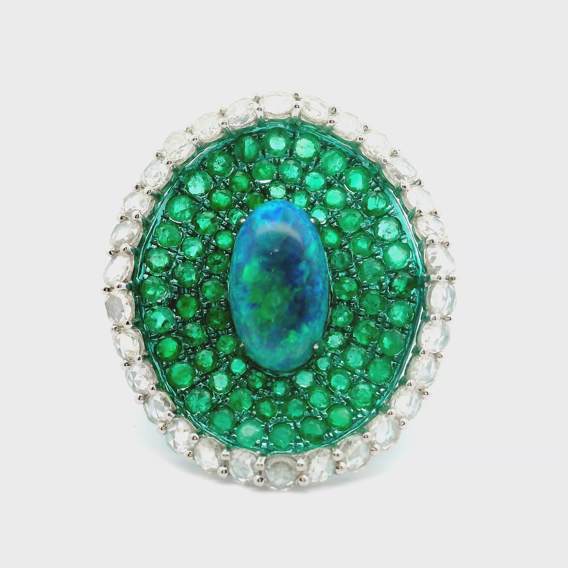 Australian Opal Emerald Diamond 18k Gold & Green-Rhodium Cocktail Ring