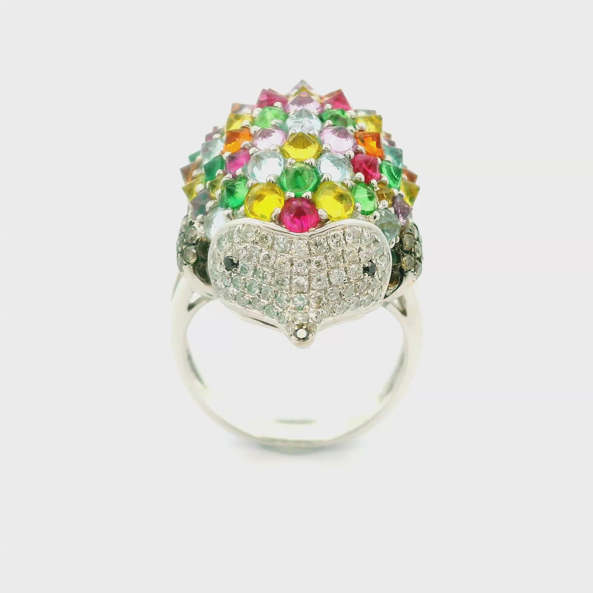 Multi-Color Gemstone Diamond 18K White Gold Hedgehog Ring