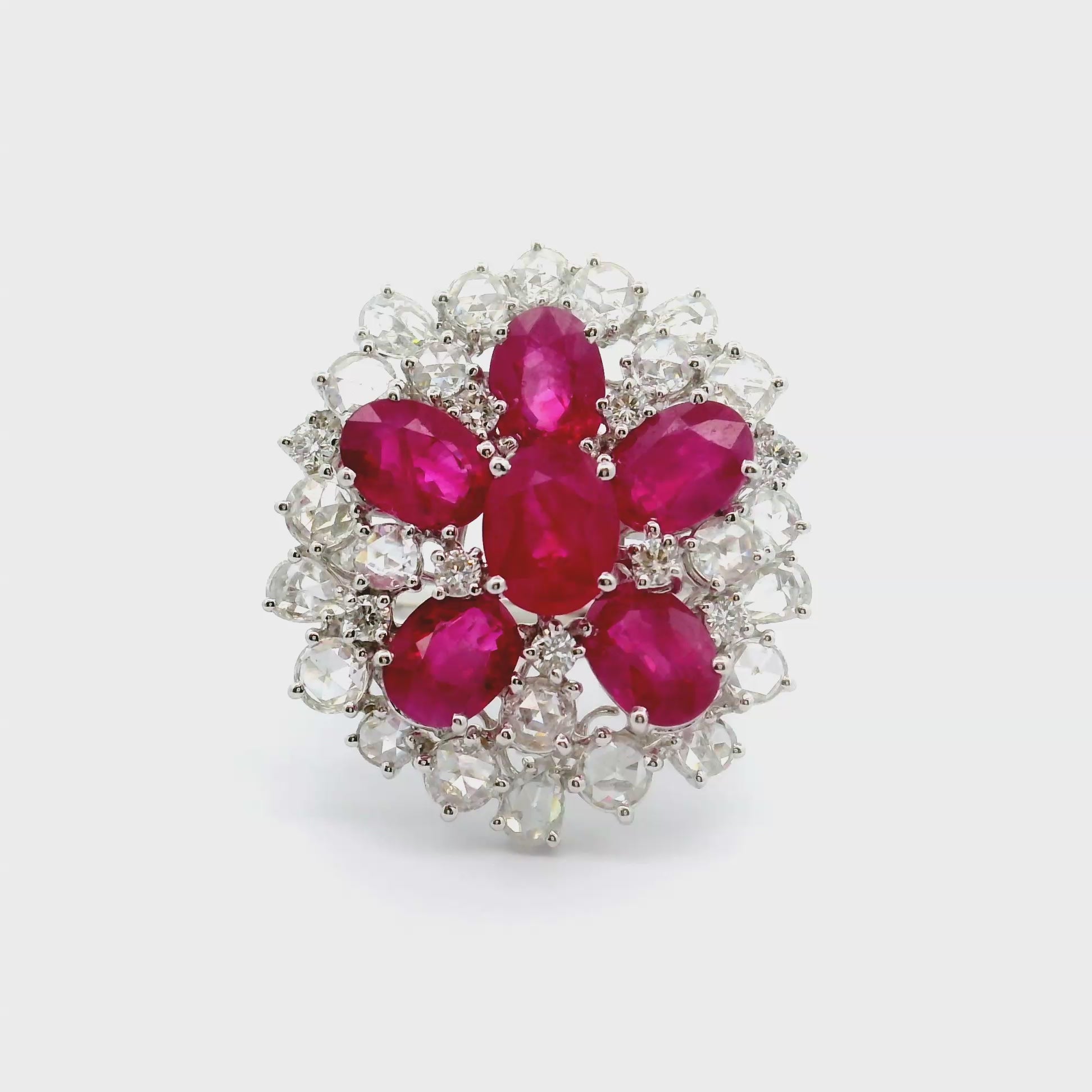 Ruby Diamond Cluster 18k White Gold Sunburst Ring