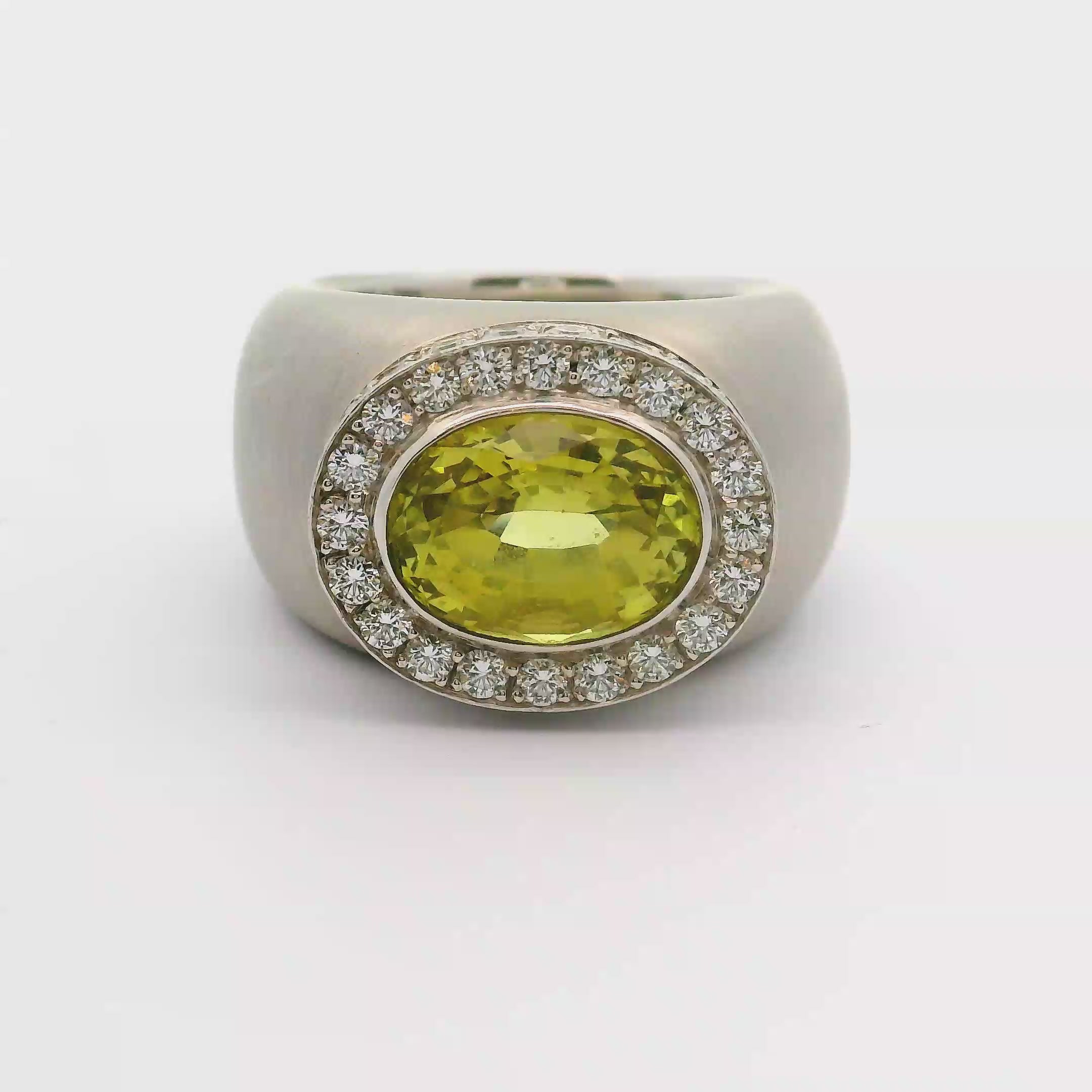 Large Chrysoberyl Diamond 18k White Gold Wide Band Ring, Unisex