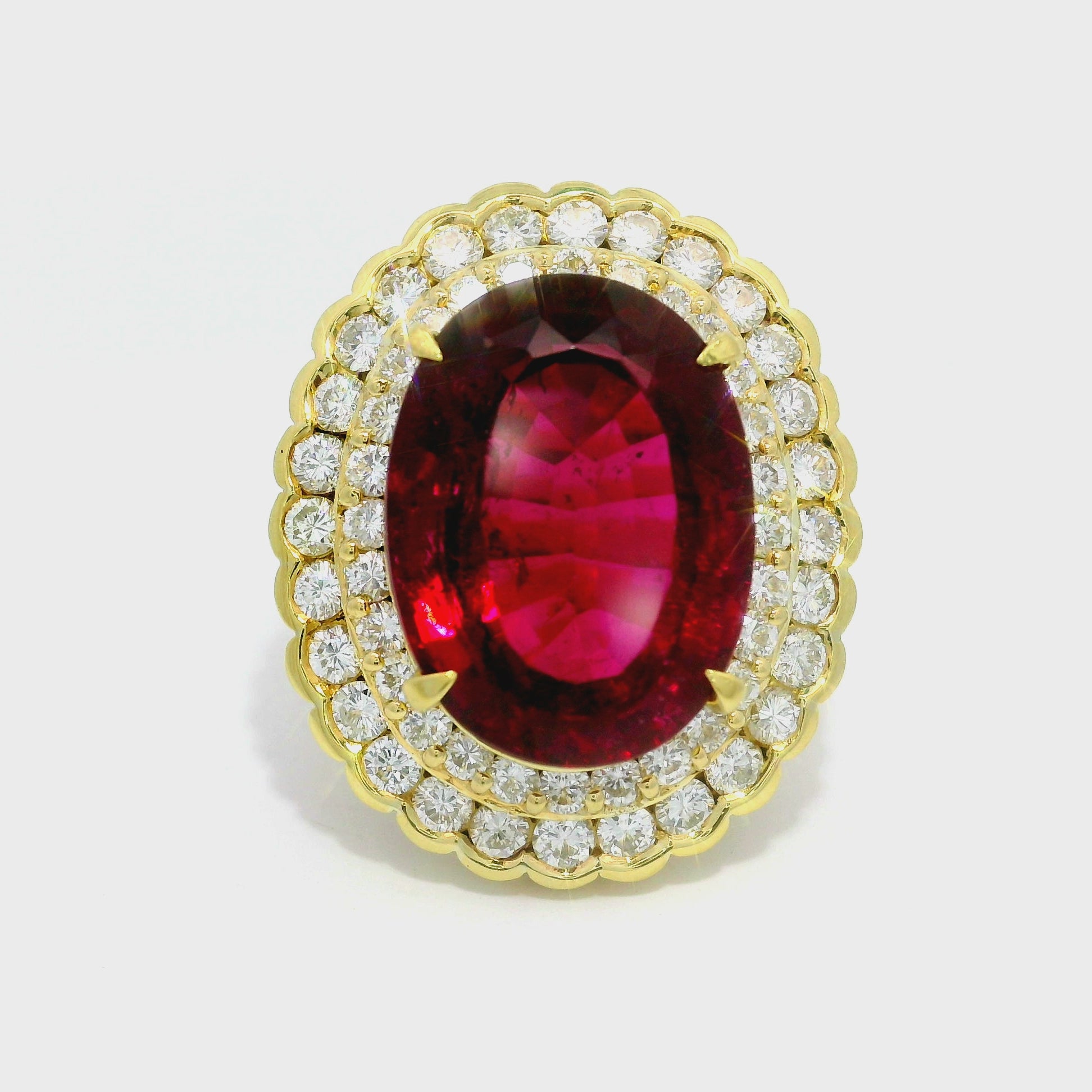 15.74 Rubellite Tourmaline Diamond Double Halo 18k Yellow Gold Cocktail Ring