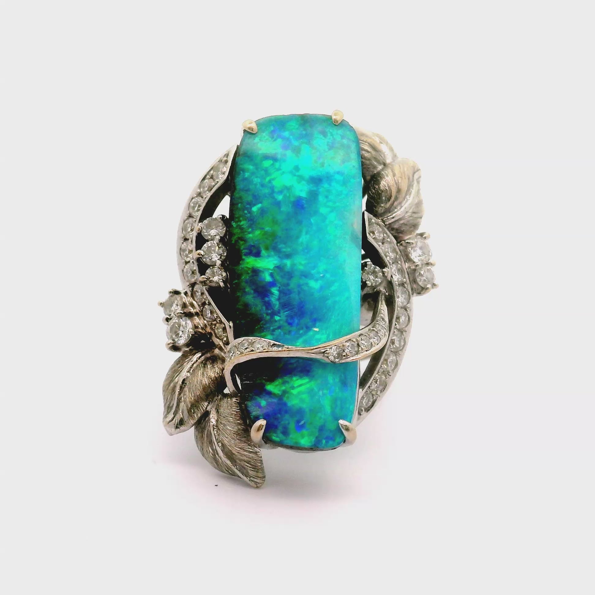16.39 Carat Australian Boulder Opal Diamond Platinum Floral Cocktail Ring