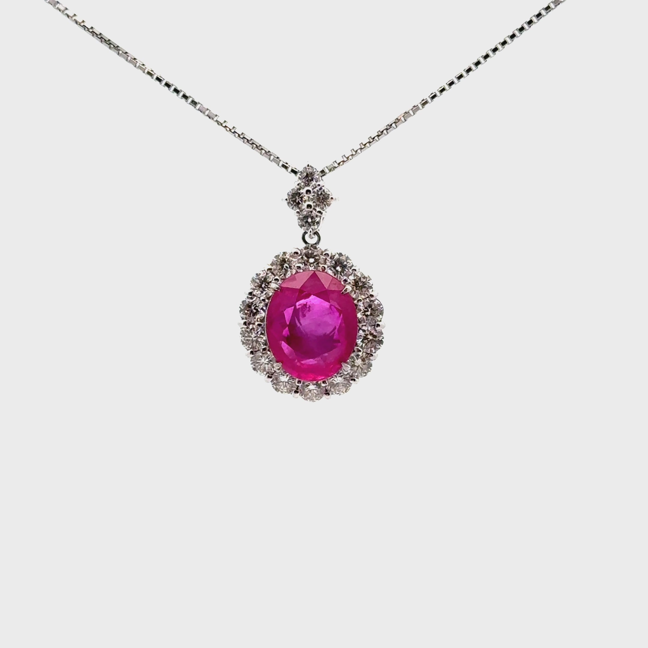 7.01 Carat Burmese Ruby Diamond Halo Platinum Pendant Necklace, GRS Certified