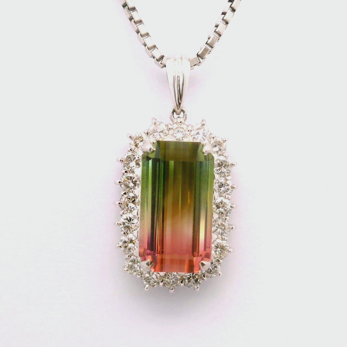 12.53 Carat Watermelon Tourmaline Diamond-Halo Platinum Pendant Necklace