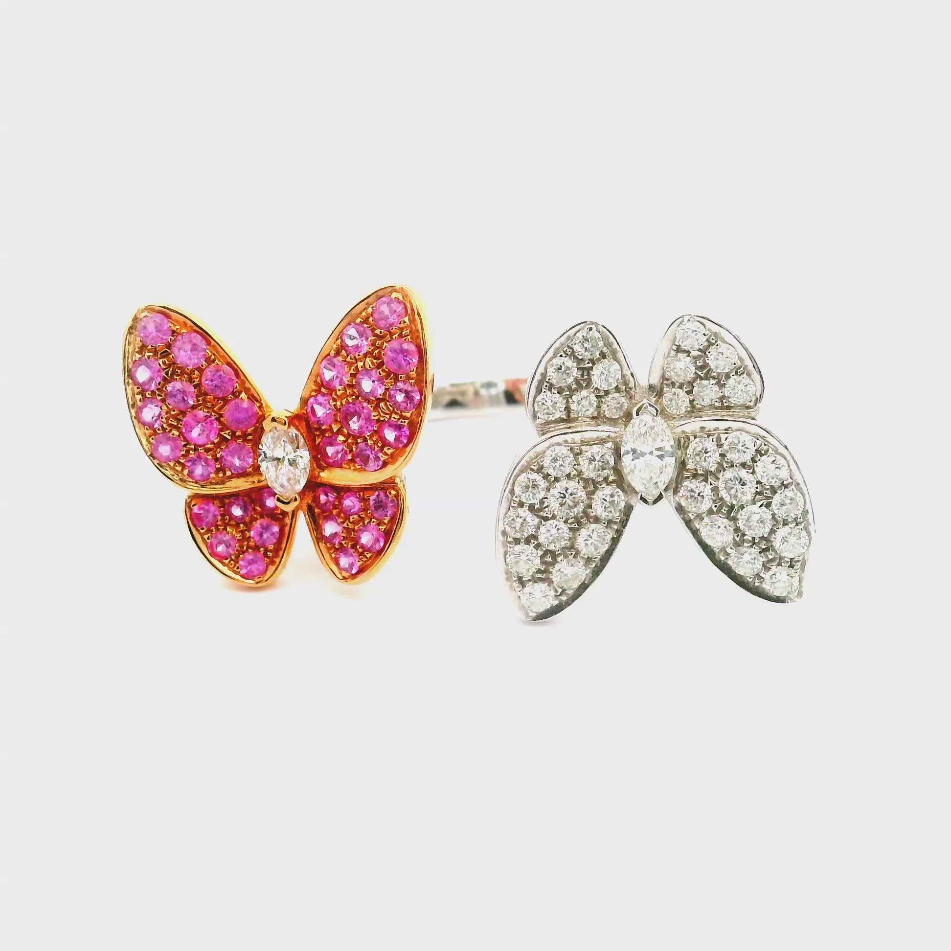 Diamond & Pink Sapphire 18k White Gold Twin Butterfly Ring
