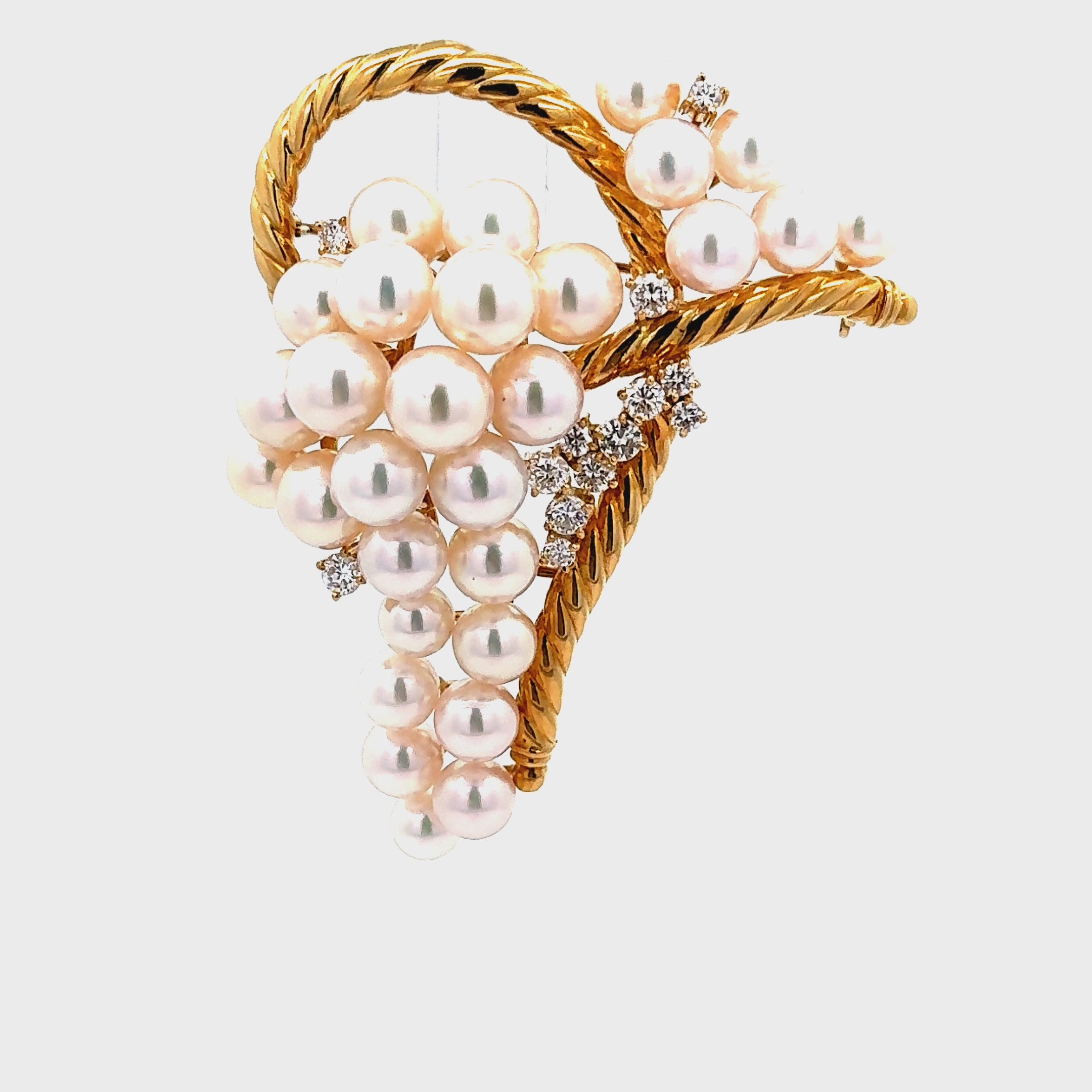 Akoya Pearl Diamond Yellow Gold Ribbon Brooch