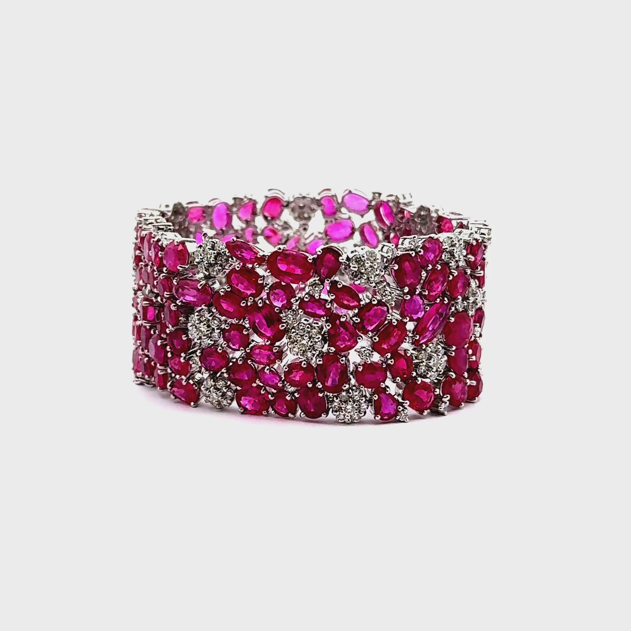 Wide Ruby Diamond 18k White Gold Cluster Bracelet